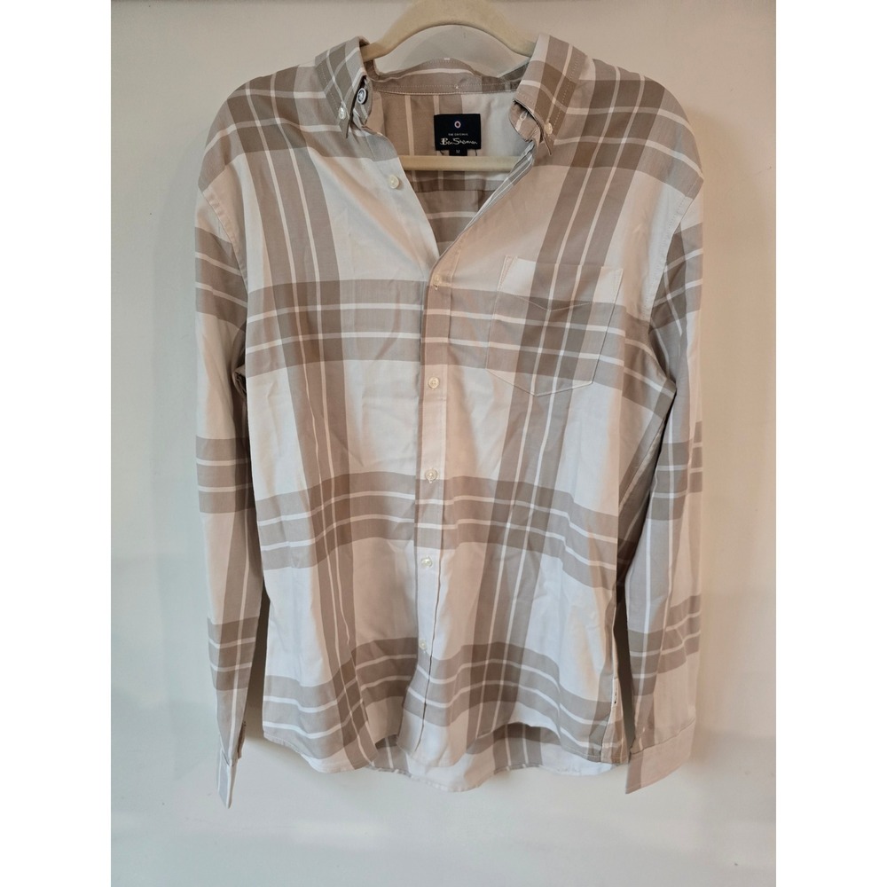 Ben Sherman Mens Tan White Plaid Modal Blend Long Sleeve Button Down Shirt M
